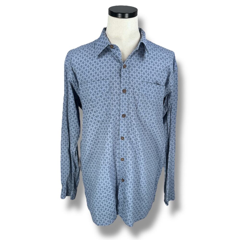 Vintage Patagonia Shemp Shirt Men’s Large Blue Geometric Hemp Cotton Button 2007